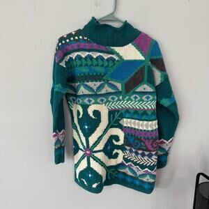 Vintage Segrets Hand Knitted Ramie & Cotton Sweater Size Small Teal Patterned